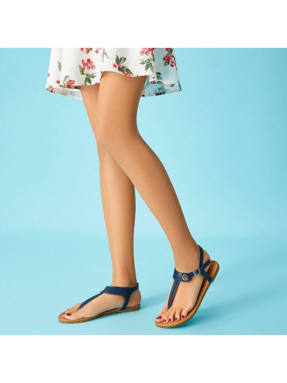 Women's Navy Blue1 Adjustable Ankle Buckle with T-Strap Flats Thong Sandals - Picture 5 of 6